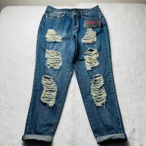 Y2K Ashley Stewart Womens Denim Blue Hi Rise Distress Girlfriend Fit Jeans Sz 14